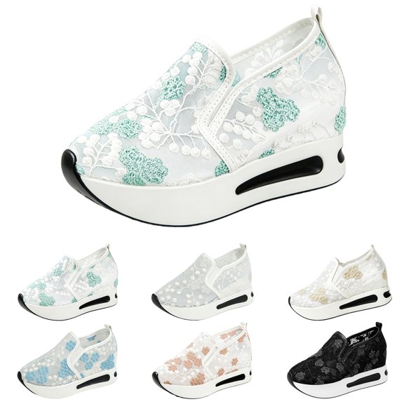 LTTVQM Platform Wedge Sneakers for Women Embroidery Floral Mesh Air Cushion Comfort Shoes Chunky Sole Breathable Outdoor Walking Work Fashion Shoes with Arch Support Green 36(US-5.5)