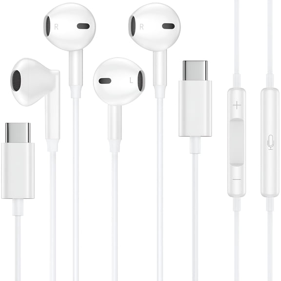 GJX USB C Headphones Wired, 2 Pack Type C Wired Earphones, Noise Cancelling Ear Buds, Mic Microphone Remote Control, Type C Headphone Compatible with Android, iPad