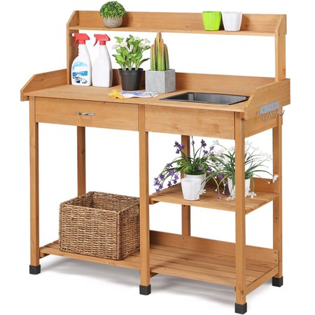 Yaheetech Wood Potting Bench With Removable Sink Natural Finish