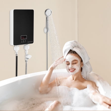 6kW Instant Electric Tankless Water Heater with Touch Control, Fast Heating, Safety Protections & Shower Set, Compact Stainless Steel Design