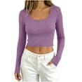 thumbnail image 2 of Stamzod Fitted T Shirts for Women Fashion U Neck Long Sleeve Crop Tops Casual Knit Ribbed Basic Tees, 2 of 8
