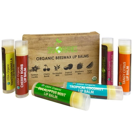 USDA Organic Lip Balm by Sky Organics – 6 Pack Assorted Flavors –- With Beeswax, Coconut Oil, Vitamin E. Best Lip Butter Chapstick for Dry Lips- For Adults and Kids Lip Repair. Made