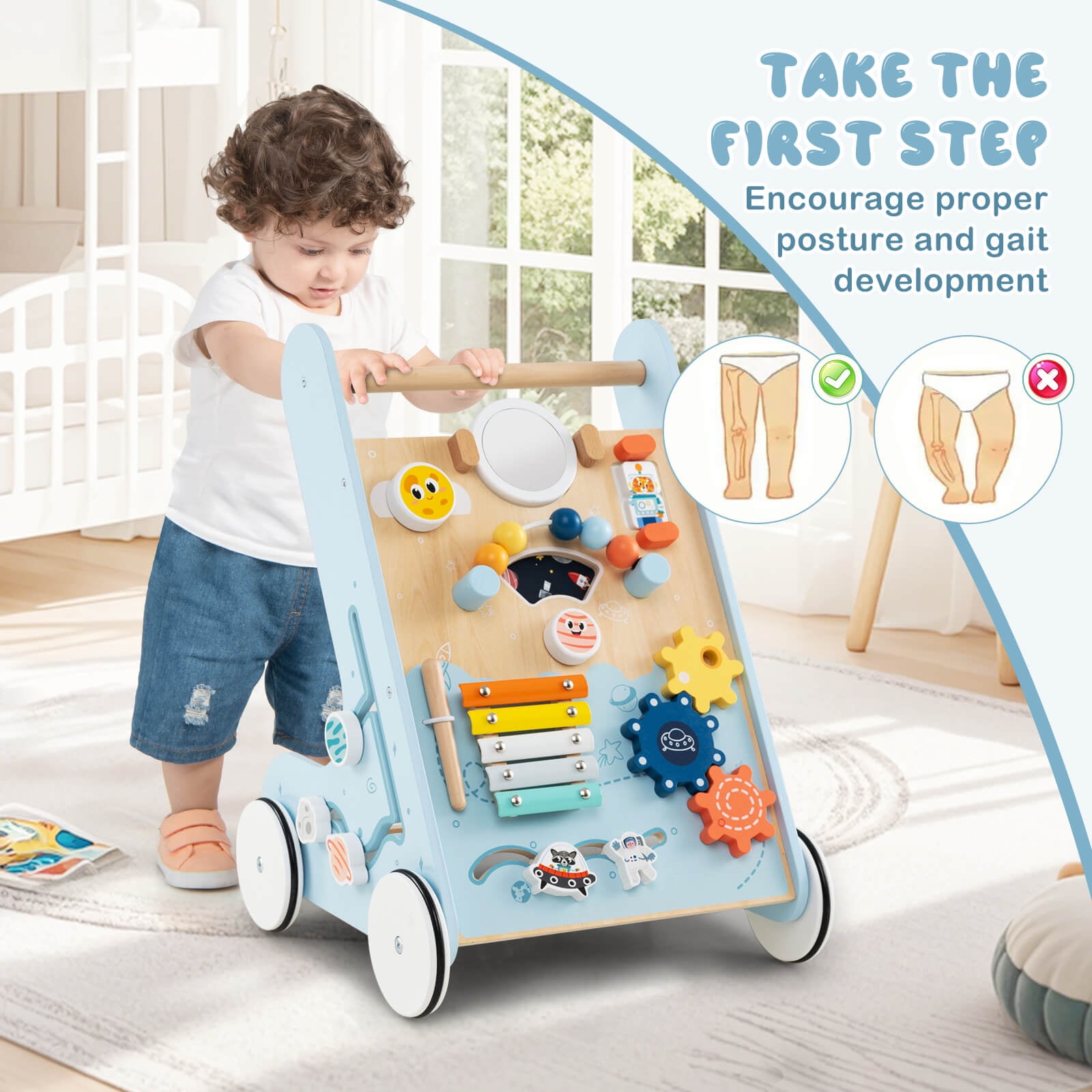 Infans Wooden Baby Walker Push and Pull Learning Activity Center with Wheels Push Toy