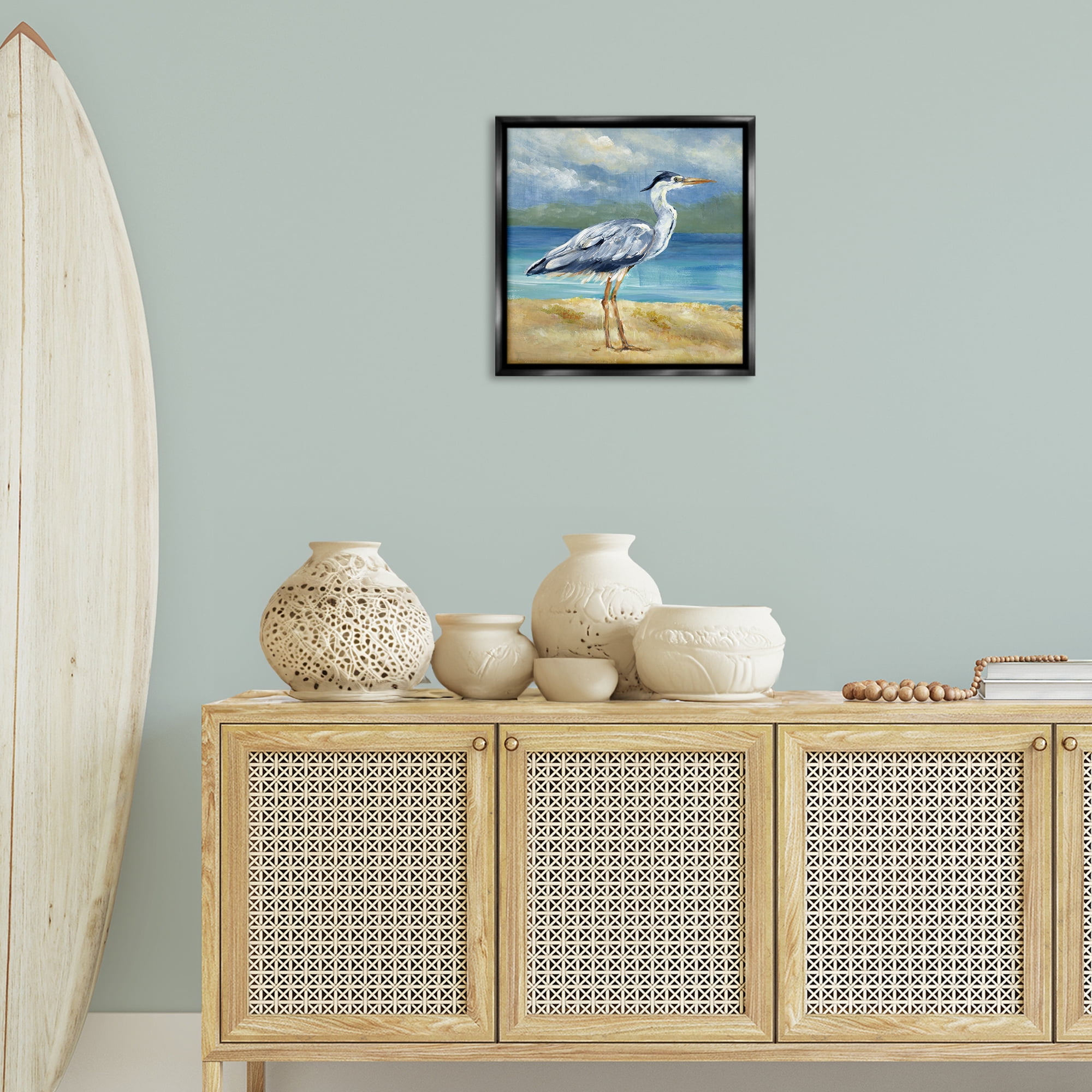 Stupell Industries Heron by the Sea Nautical & Beach Painting Black Floater Framed Canvas Art Print Wall Art, 18 x 18