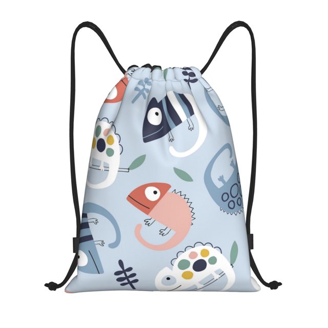 Fotbe Cute Chameleons On Blue Bolsa Mochila con Cordón Estampada, Bolsa de Gimnasio Deportiva, Bolsa Cinch, Bolsa con Cordón para Hombres y Mujeres-Medium