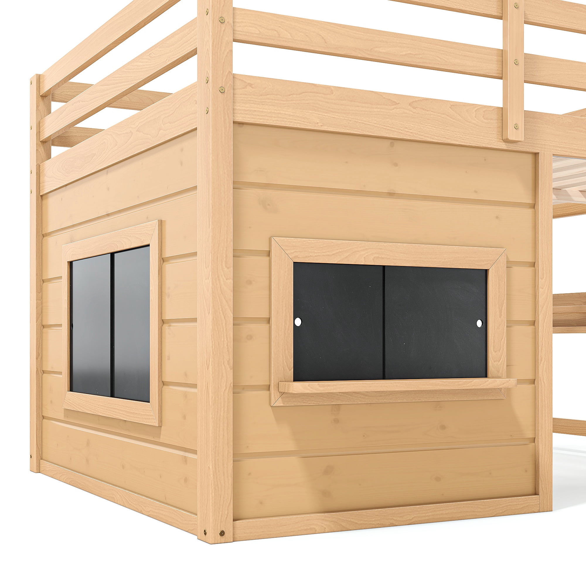 Leumius Full Size Loft Bed with Storage Shelves,Solid Wood Low Loft Bed Frame with Chalkboard and Bookshelf,Space Saving,Light Natural
