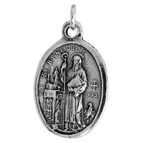 Sterling Silver St Benedict San Benedetto de Norcia Medal Pendant Oxidized finish Oval 7/8 inch with No Chain