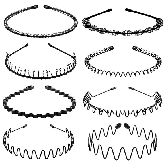8Pcs Metal Hair Band for Men Women, Thin Black Wavy Hair Headband for Long Curly Hair, Home Outdoor Sport Yoga