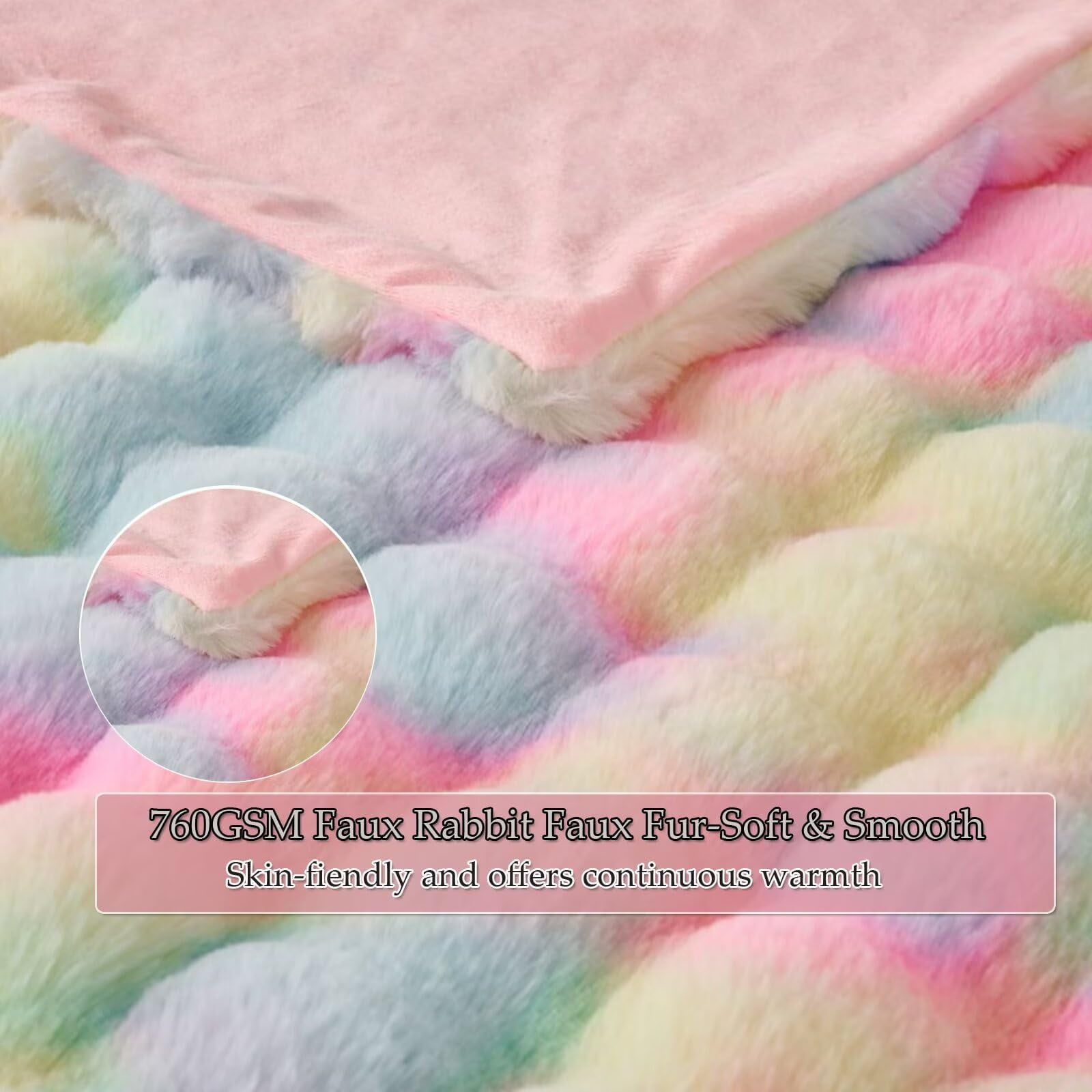 760GSM Faux Rabbit Faux Fur Throw Blanket,Super Thick Warm Bubble Blanket Throw,Fuzzy Luxury Plush Decorative Blanket for Couch Bed Sofa(Rainbow,80" x 90")