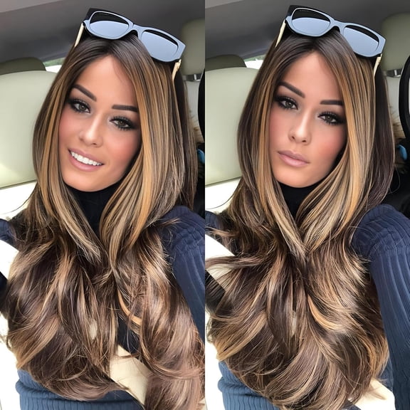 Long Wavy Ombre Honey Blonde Brown Wig for Women, Synthetic Beach Loose Body Wave Brunette Hair Wig, Dark Root Natural Looking Realistic Ladies Sexy Blond Highlights Wigs