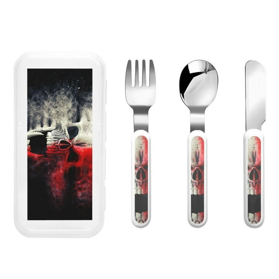 Easygdp Red And White Screaming Demon Skull 3-Piece Flatware Set Kids Silverware, Stainless Steel Toddler Kids Utensils Safe for Preschooler Children