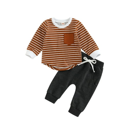 

Bagilaanoe 2pcs Toddler Baby Girl Boy Long Pants Set Striped Long Sleeve Tees Tops + Drawstring Trousers 6M 12M 18M 24M 3T Kids Casual Outfits