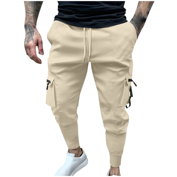 Puntoco Pantalones elásticos de color sólido con cremallera y múltiples bolsillos para hombre, cintura elástica con cordón para ajustar los pies