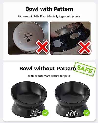 Elevated Cat Food Bowl, 5 Oz Ceramic Raised and Tilted Water Bowl, Anti Vomiting and Protect Pets' Spines Dishes for Small Dog, Fat Faced Cat, Kitten (Black Pattern, 1 Pack)