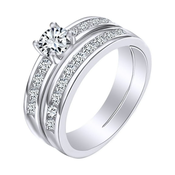 AFFY Round Shape White Cubic Zirconia 14k White Gold Over Sterling Silver Bridal Ring Set