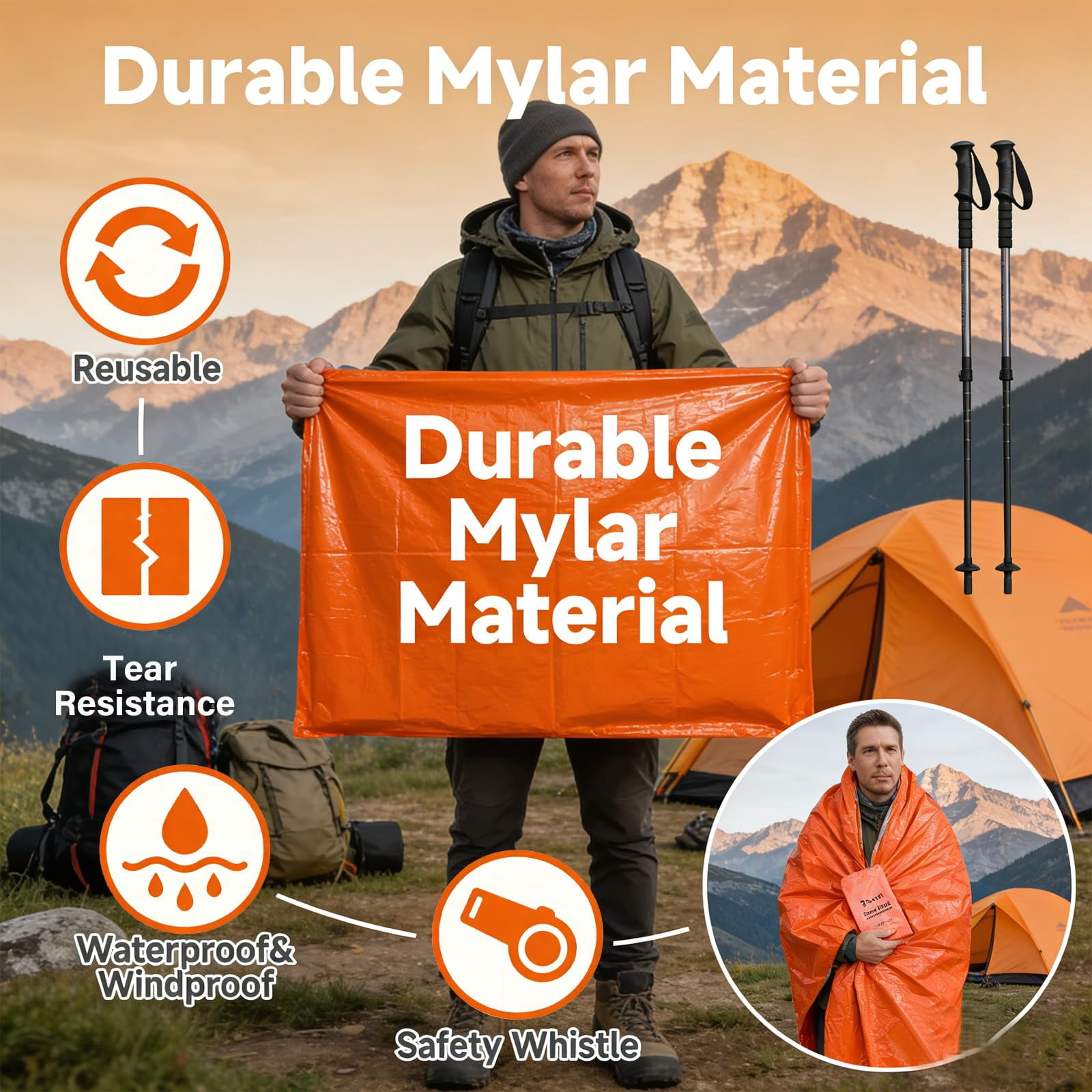 2-Pack Blanket, Sleeping Bag, Emergency Sleeping Bag Survival, Waterproof, Compact Lightweight, Emergency Mat for Survival Kit Car Camping Gear Hiking Go (2, Orange)