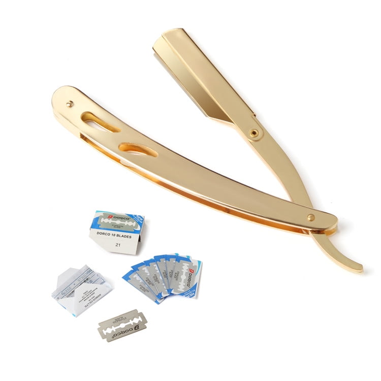Straight Edge Razor Stainless Folding Shaving Knife Including 10PCS Stainless Blades (Gold Plated)