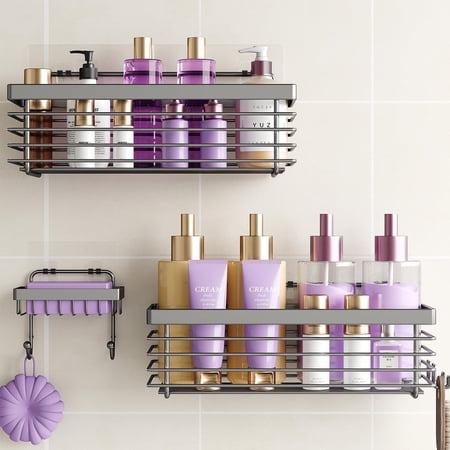 Shower 3 Pack Sus304 Stainless Steel-no Drilling-shower Bathroom Shelves Rack Rustproof Wall Mounted Adhesive Shelf Basket Organizer-grey
