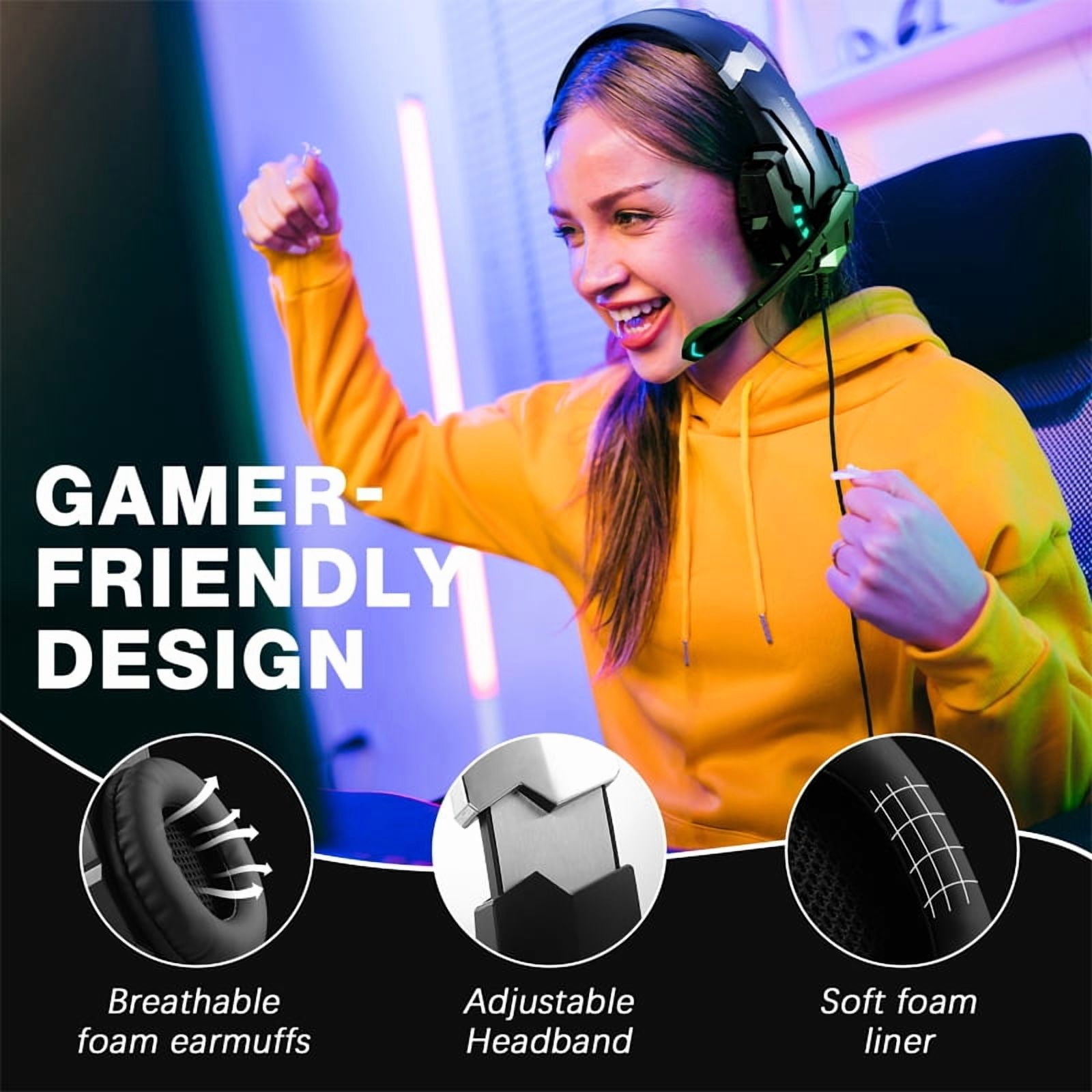YUOY Gaming Headset for PC, PS4, PS5, Xbox & Switch – 7.1 Surround Sound, Noise Cancelling Mic, RGB Lights, Over-Ear Comfort