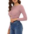 thumbnail image 5 of MODA NOVA Juniors Twist Long Sleeve Cut Out Front Glitter Cross Crop Tops Dark Pink S, 5 of 7
