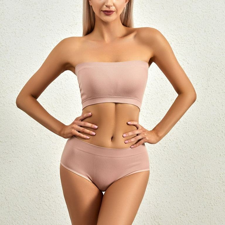 QUYUON Balconette Bra Women's No-Underwire Gathering No-marking Breathable  Tube Top Underwear Briefs Suit Breathable Workout Bras Pink L 