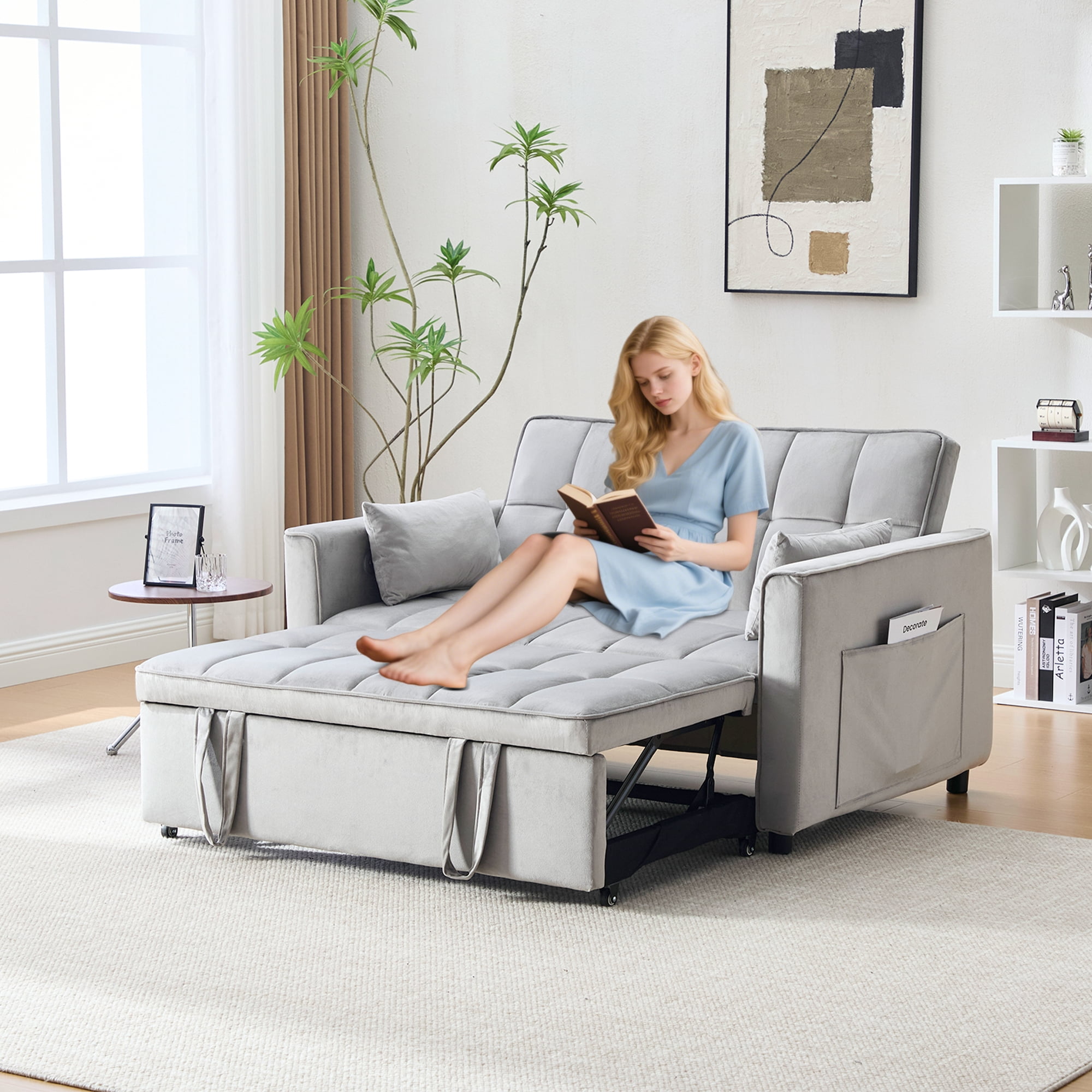 BINBANK Velvet 3-in-1 Convertible Sleeper Sofa – USB Charging, Adjustable Backrest Pull-Out Loveseat Couch for Living Room, Apartment & Small Space,Gray
