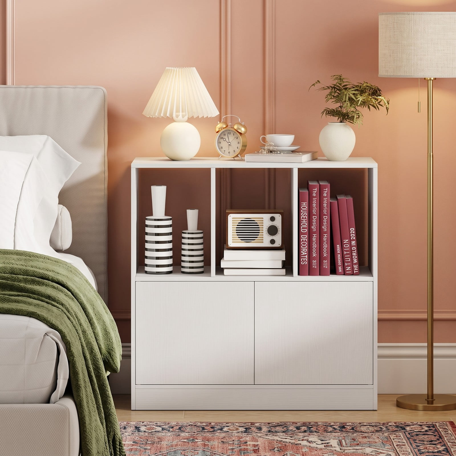 Furnibear 3-Cube Bookcase with Doors, 3-Tier Cube Bookshelf with 2-Door Storage Cabinet and Open Compartments, Anti-Tip Wood Cubby Organizer Shelf for Living, White