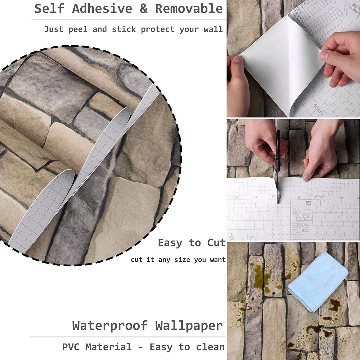 (4 pack) UMIGGEE Brown Stone Brick Wallpaper 17.7" x 118" Peel and Stick Stone Self-Adhesive Removable Vinyl Wallpaper Faux 3D Stone Look Brick Shelf Paper