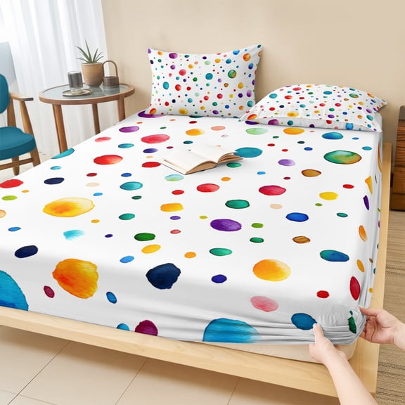 Cal.King Size Fitted Sheet Set - Colorful Polka Dot 3 Piece Bedding Sets 16" Deep Pocket Fitted Sheet with 2 Pillowcases, Rainbow Color Polka Dots Abstract Brushed Microfiber Hotel Luxury Bed Sheets