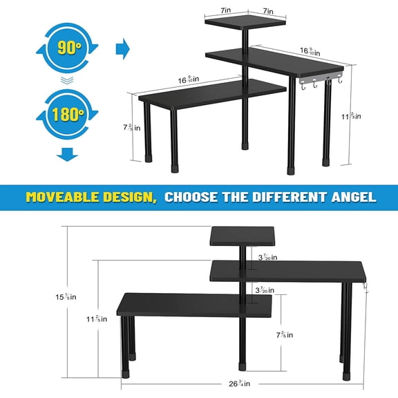 3 Tier Moveable Corner Shelf for Bathroom, Makeup, Desk - Black