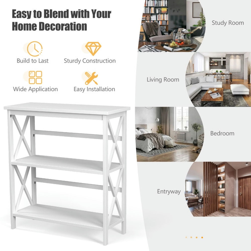 Demi Bonn 3-Tier Wooden Bookshelf, Multi-Functional X-Design Etagere Storage Bookcase, White