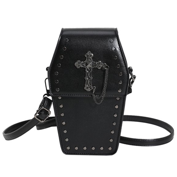 Moontgen Women Coffin Satchel Purse Cartoon Pu Leather Halloween Phone Bag (Black Style1)