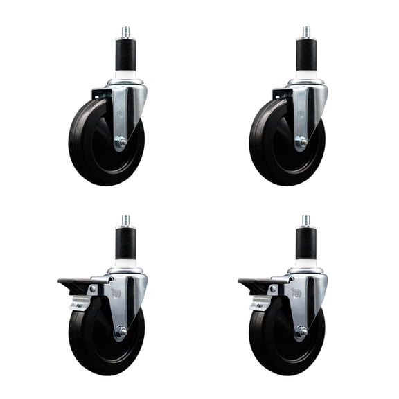 5 Inch Hard Rubber Wheel Swivel 1-3/8 Inch Expand Stem Caster Set 2 Brakes SCC