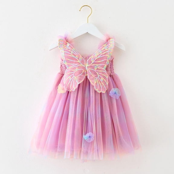 Huowey Toddler Girls Sleeveless Sequin Dress Ruffles Spaghetti Strap Butterfly Rainbow Embroidery A-Lined Dance Party Dresses Princess Casual Dance Wedding Clothes,Purple,2-3 Years