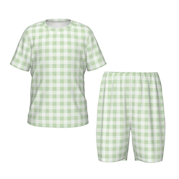 Balery Pistachio Green Checkboard Conjunto de Pijama Infantil de Manga Corta con Estampado – Ropa de Dormir de Algodón Suave-4X-Large
