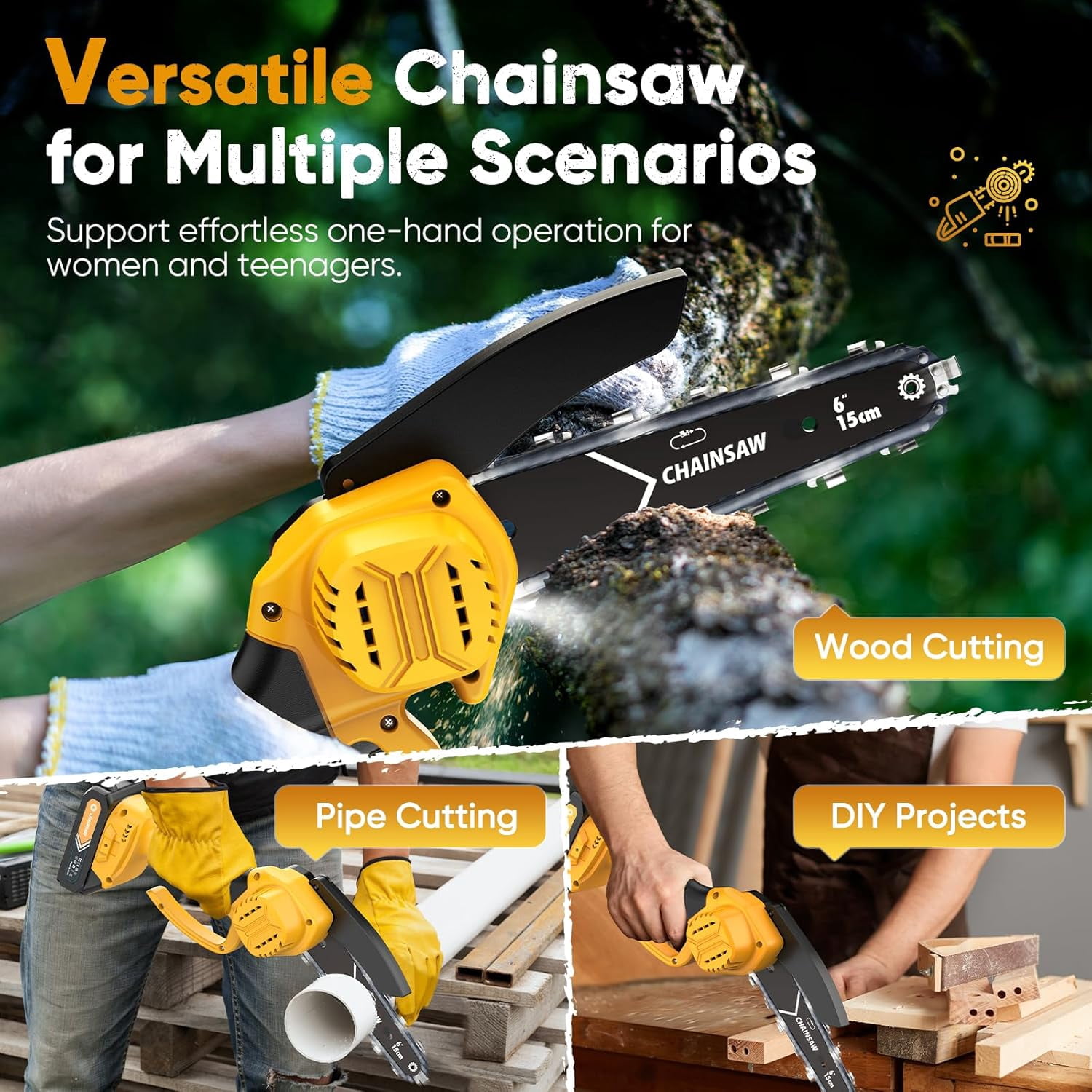 GINOST Mini Chainsaw, 6-Inch Chain saw with 2 Pack 2000mAh Batteries, Portable Handheld Chainsaw, Mini Chainsaw Cordless for  DIY Projects Gardening Camping, Christmas Tree Pruning and Festive Gift
