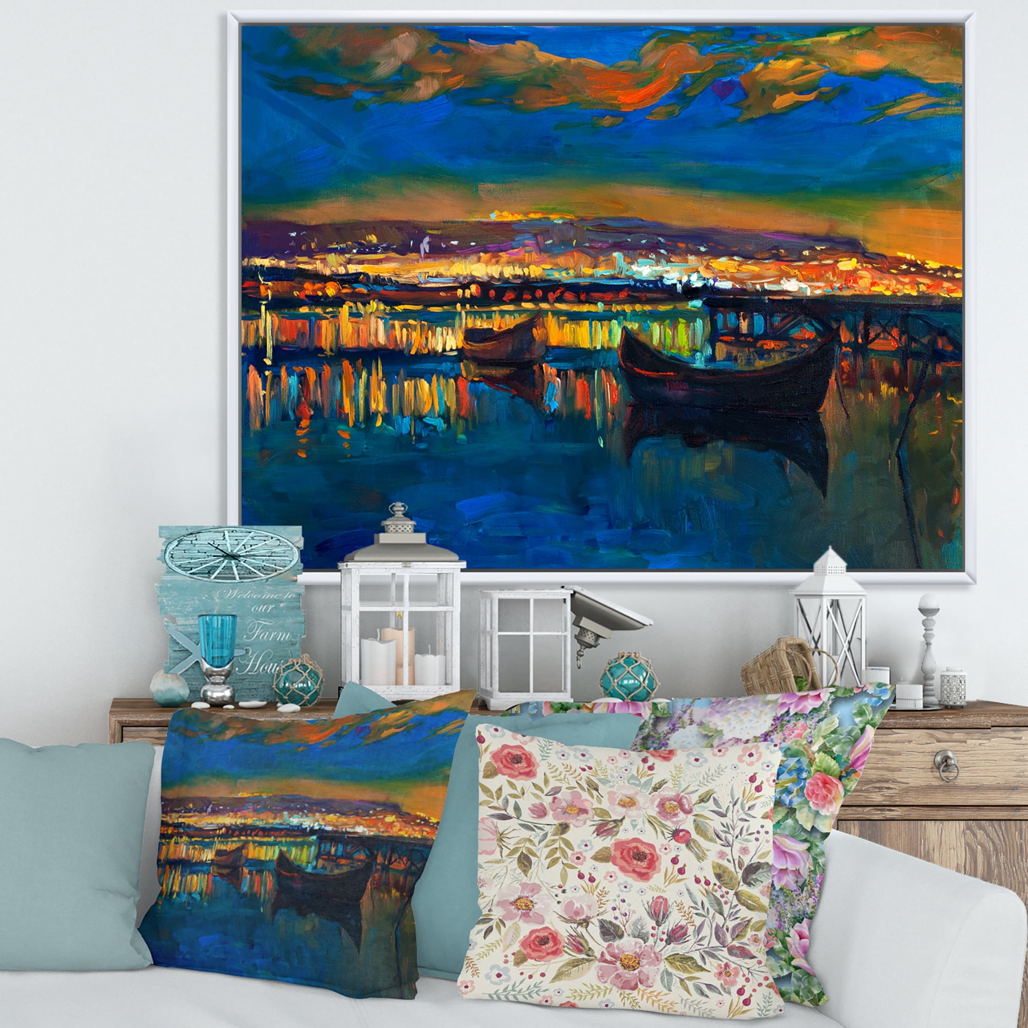 Designart 'Two Little Boats In The VIllage Harbor Ar Night' Nautical & Coastal Framed Canvas Wall Art Print
