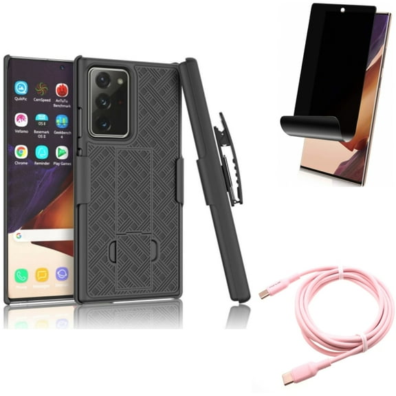 Case Belt Clip & Pink 10ft Long Cable & Privacy Screen Protector for Samsung Galaxy Note 20 Ultra (6.9") - Combo with Holster Swivel & USB-C to Type-C PD Fast Charger & TPU Film Anti-Peep