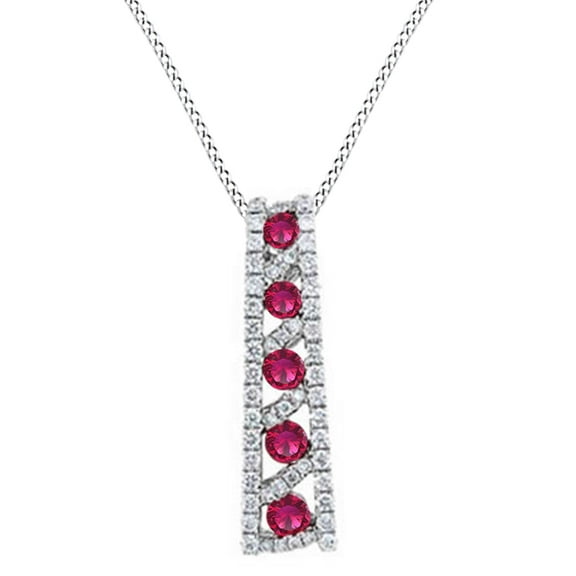 AFFY White Natural Diamond Accents & Simulated Ruby Ladder Style Pendant Necklace In 14k White Gold