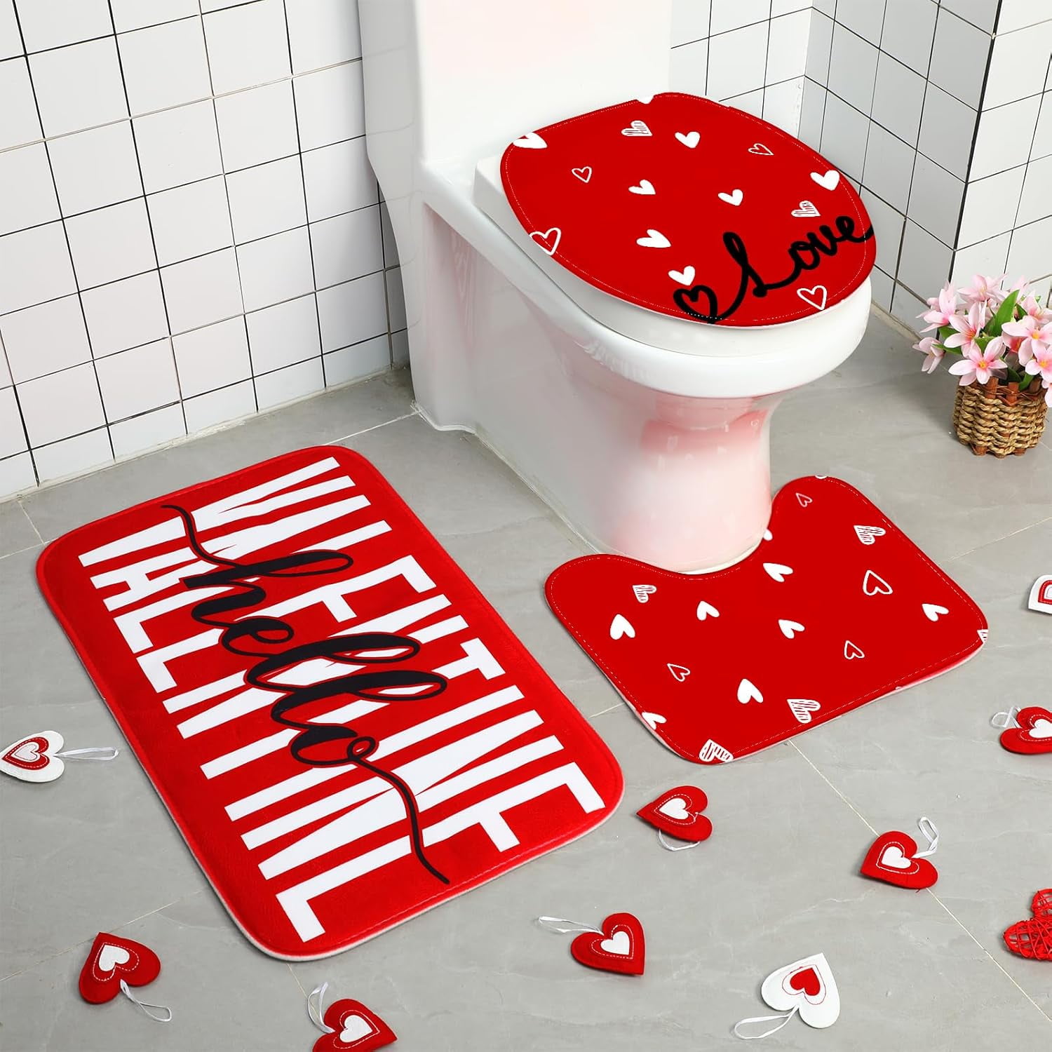 Valentine's Day Shower Curtain Set, Non Slip Rugs Toilet Lid Cover U Shape Bath Mat and 12 Hooks Love Heart Shape Red Bathroom Supplies for Valentines Accessories Decor Set