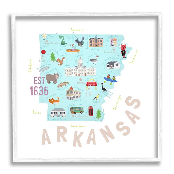 Stupell Industries Arkansas Landmark Doodles Map Travel & Places Painting White Framed Art Print Wall Art