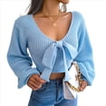 thumbnail image 2 of Suéter de Punto Acanalado con Lazo y Larga para Mujer, Top Corto con Cuello en V para Otoño e Invierno. Azul M, 2 of 10