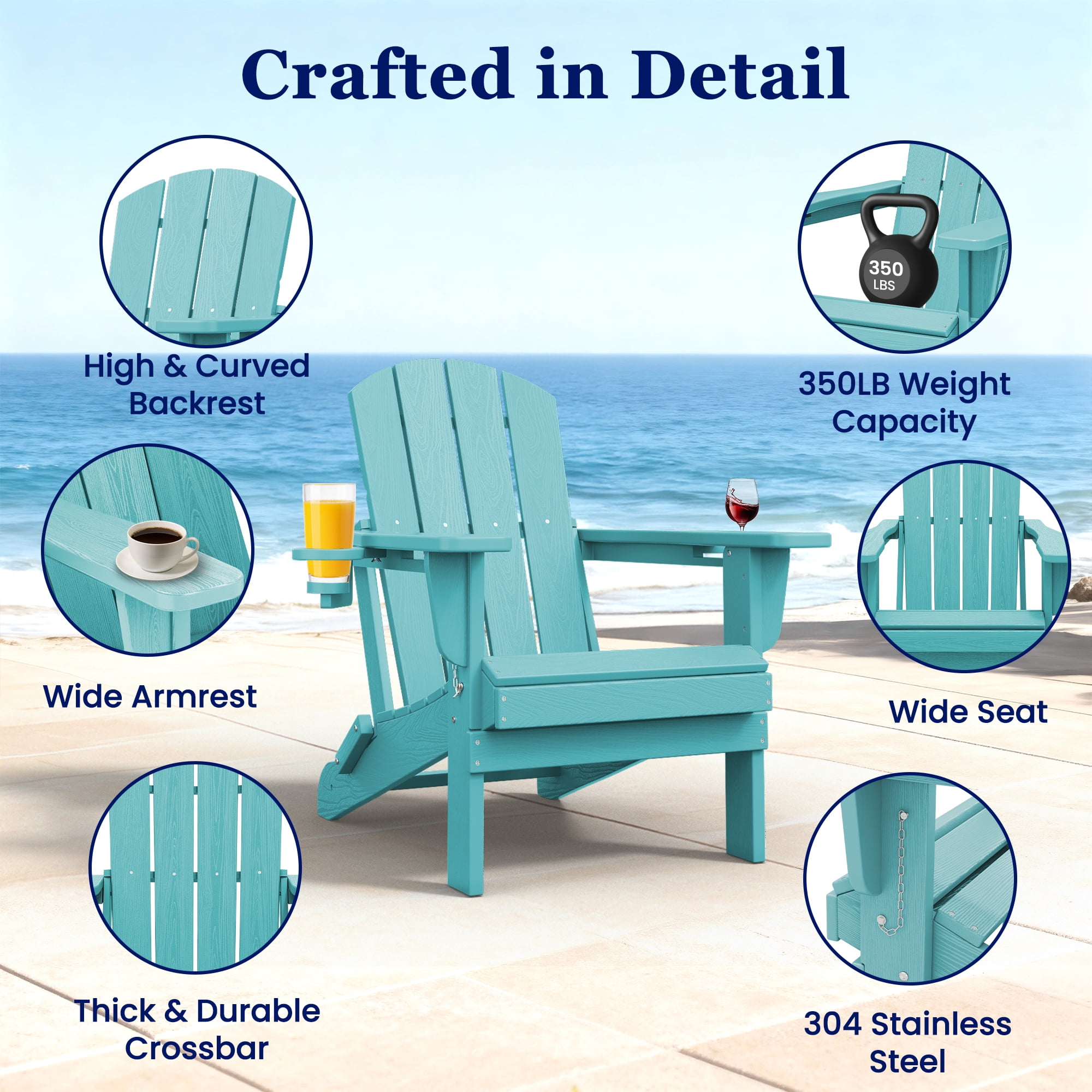 SERWALL Folding Adirondack Chair Set with Dual Cup Holders & Phone Holder, All-Weather HDPE Fire Pit Chairs for Outdoor, Patio, Poolside, Garden - Aruba