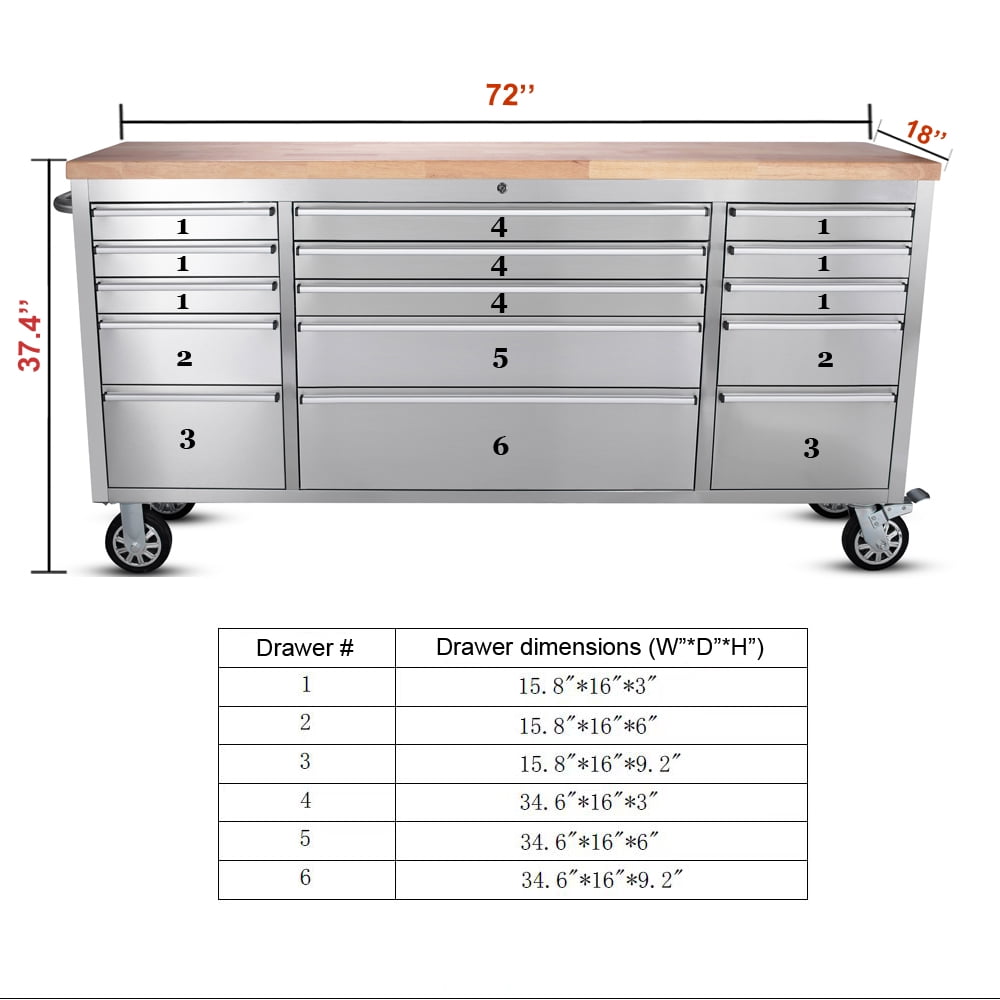 Anortrek 72 inch Rolling Tool Chest with 15 Drawers,Large Tool Box Lockable Storage Cabinet with Wheels