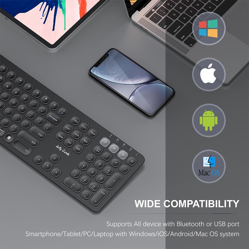 Buy Jelly Comb Wireless Keyboard, Rechargeable Full Size Multidevice 2.4G & Bluetooth Wireless
