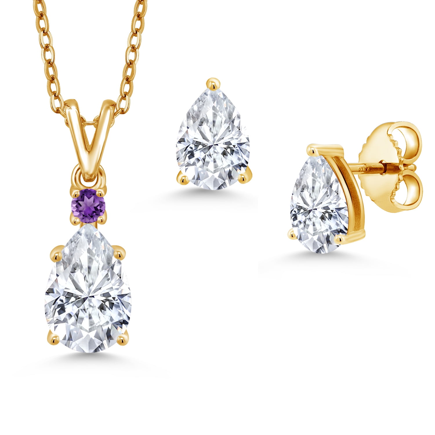 Gem Stone King 18K Yellow Gold Plated Silver White Moissanite and Purple Amethyst Pendant and Earrings Jewelry Set for Women | 2.72 Cttw | Gemstone Birthstone | Pear Shape 9X6MM | With 18 inch Chain