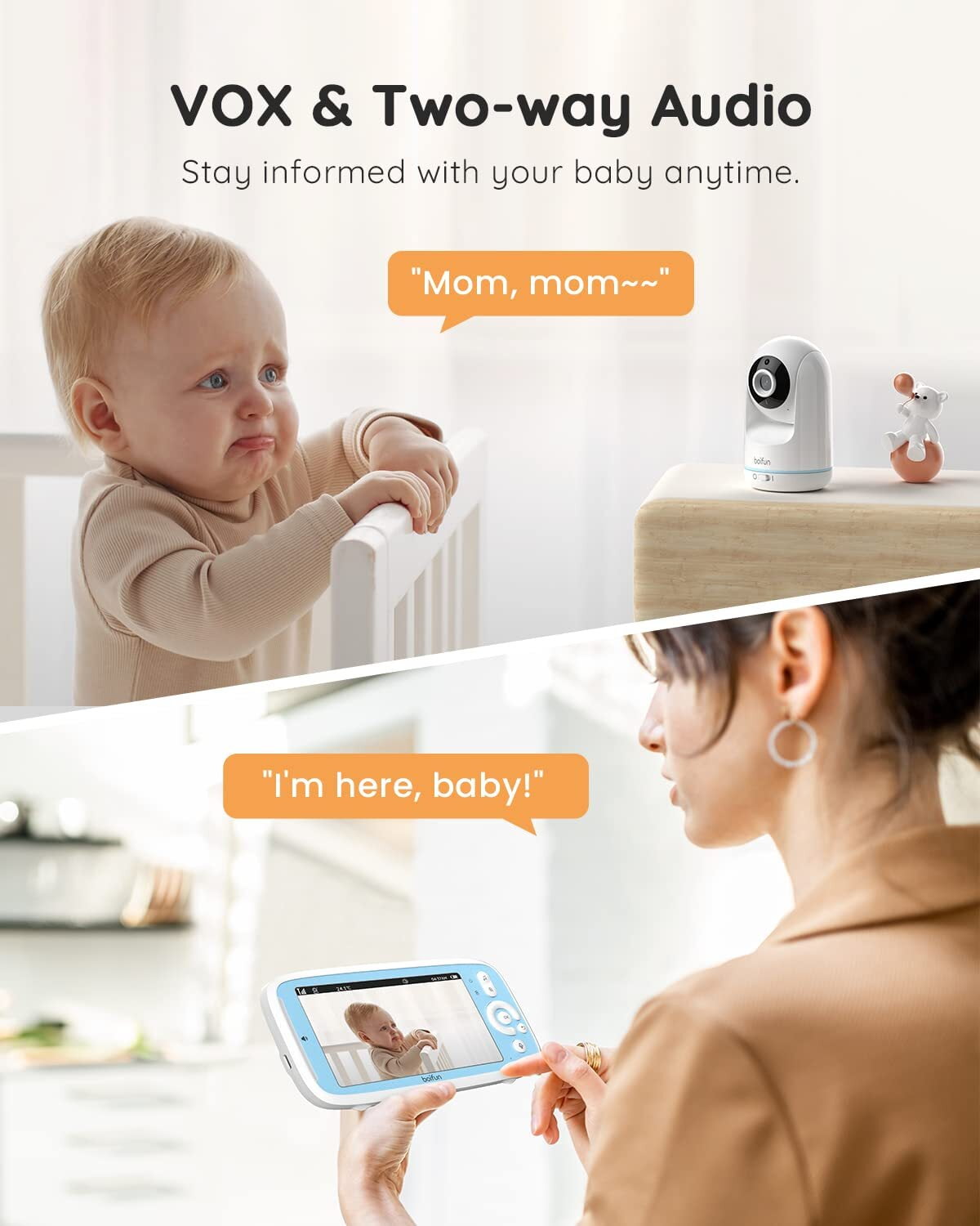 BOIFUN Video Baby Monitor with Camera and Audio,NO WIFI,5 inch IPS Display,1500ft Range,3X Zoom,Auto Night Vision,2-Way Talk,VOX,Temperature