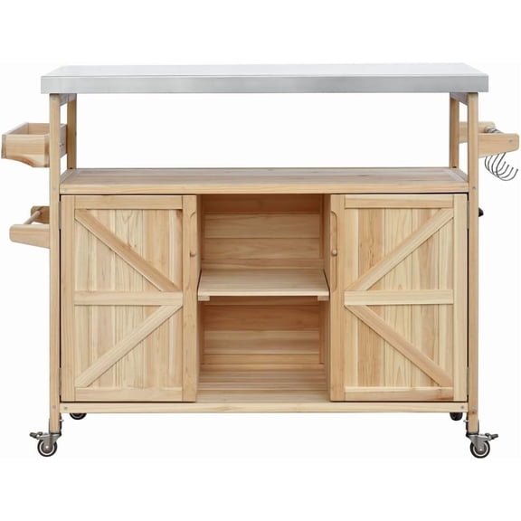 Historyli Farmhouse Grill Table with Stainless Steel Top,Rolling Bar Cart & Storage Cabinet with Internal Storage Rack,Outdoor Rolling Bar Cart & Storage Cabinet with Spice & Towel Rack,Natural