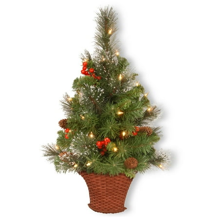 White Glitter Tree National Tree 3' Crestwood Spruce Half-Tree with Silver Bristle, Cones, Red Berries, Glitter in a Basket with 50 Warm White Battery Operated LEDs ()