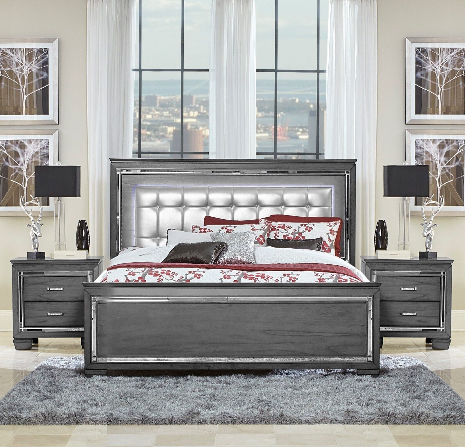 Modern Style Bedroom 3pc Set Full Size Upholstered LED Headboard Bed